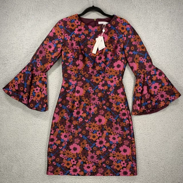 Trina Turk Women’s 2 Pink Blue Floral Bell Sleeve Crew Neck Sheath Dress $395