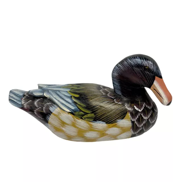 Hand Carved and Hand Painted Wooden Duck Decoy with Glass Eyes 6" Inch Long