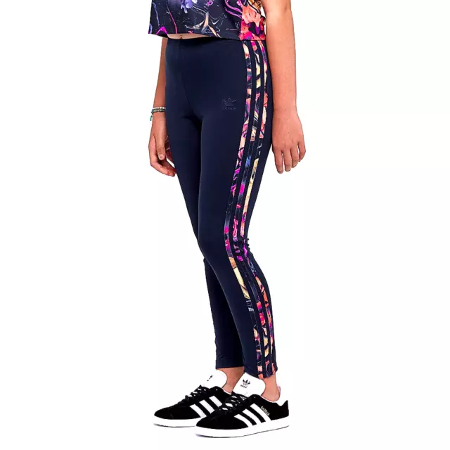 ADIDAS GIRLS Rose Print 3-Stripes Trefoil Logo Sport Tights XL 16 Navy BQ3979