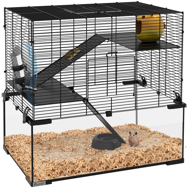 Gabbia per criceti a 3 livelli, gabbia Gerbil con fondo in vetro profondo, rampe antiscivolo,
