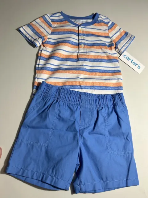 Carters Baby Boy 2 Piece SS Fish Shirt / Stripe Blue Cotton Shorts Size 18 M NWT