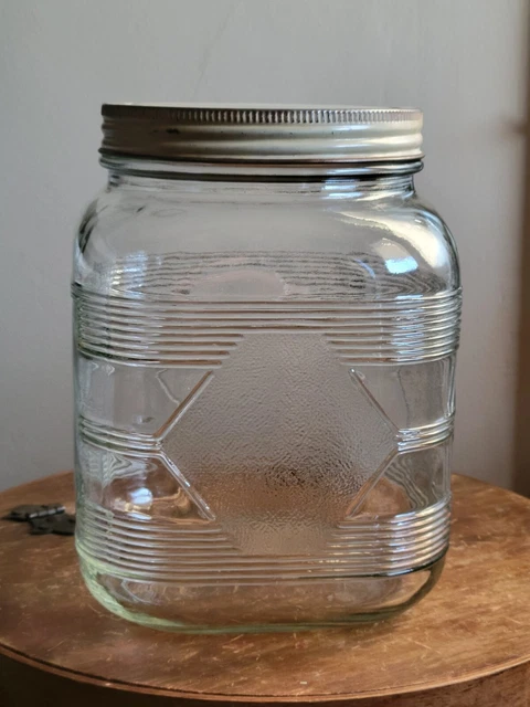 Vtg Hazel Atlas Large Hoosier Glass Storage Jar Canister Art Deco Style with Lid