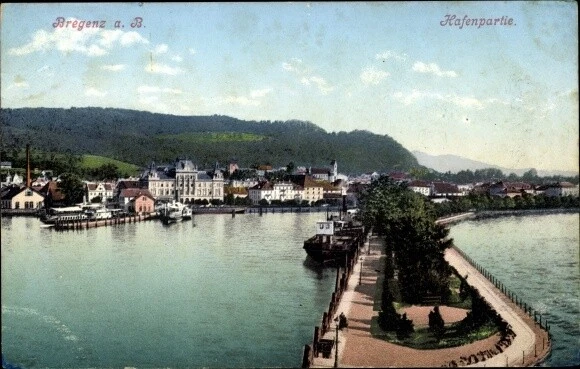 Ak Bregenz Vorarlberg, Hafenpartie, Steg, Blick zum Ort - 3714065
