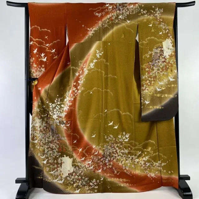 Woman Japanese Kimono Furisode Silk Goshoguruma Sakura Gold Foil ReddishBrown