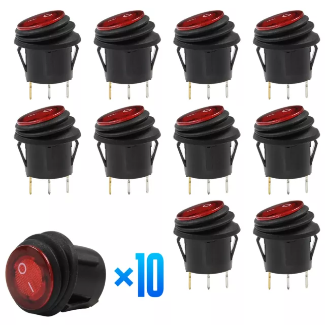 10pcs Waterproof Rocker Switch Toggle 12V Red LED Light Car Auto Boat Round SPST