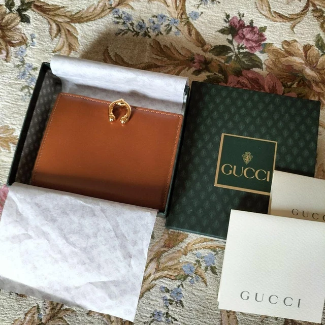 Unused Authentic Gucci Vintage Old Folding Wallet Leather Brown Deadstock