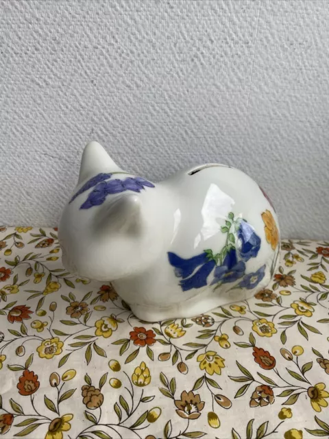 Ancienne Tirelire En Forme De Chat Céramique Motif Fleur Deco Rétro