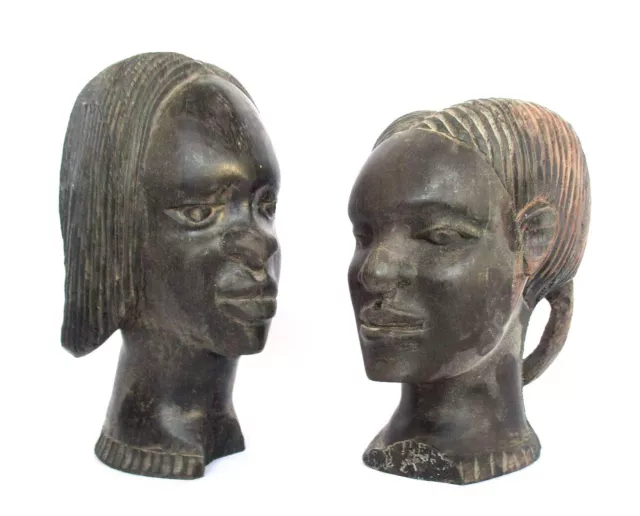 A Pair of Ebony Wooden Statues: A Himba Woman's Head - Old African Sculpture