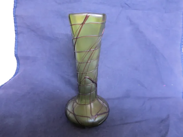 Beautiful Antique Iridescent Threaded Green Art Glass Loetz Vase