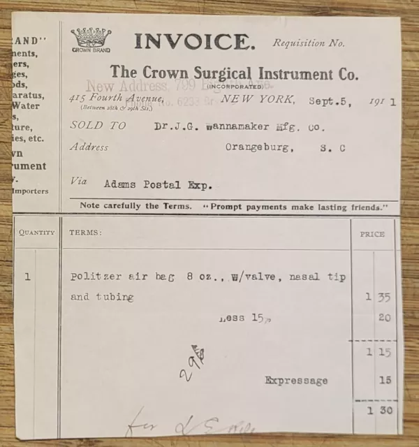 1911 Billhead New York City The Crown Surgical Instrument Company Orangeburg SC