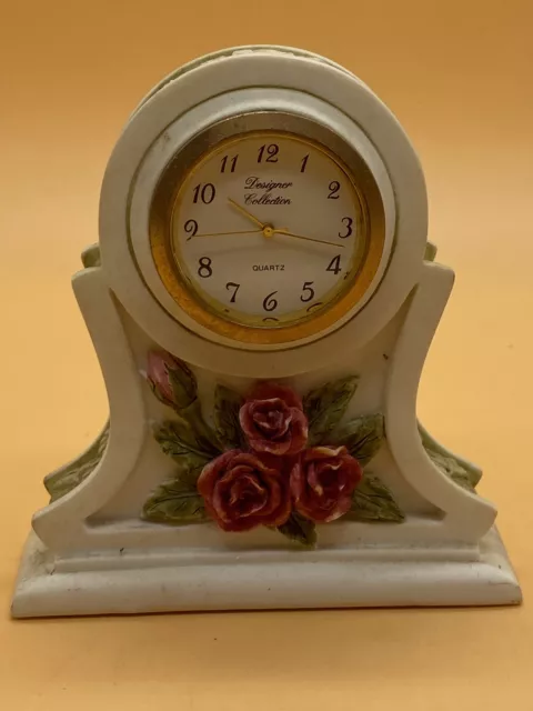 Designer Collection Miniature Solid Plaster Mantle Clock with Roses Motif