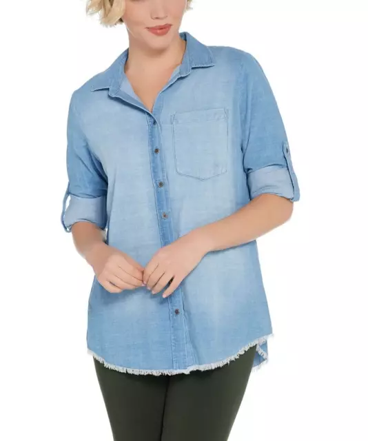 Side Stitch Button Front Frayed Hem Baby Corduroy Chambray Top Medium