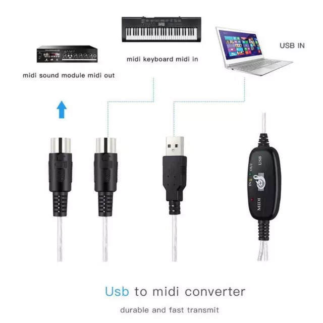 Câble de convertisseur d'enregistrement de musique MIDI 5 broches vers USB 3