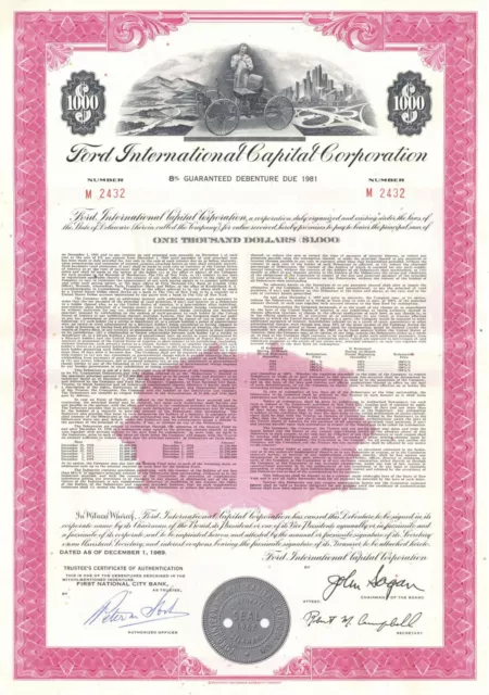 Ford International Capital Corp $1,000 Bond dated 1969 - Famed Co. from Ford vs.