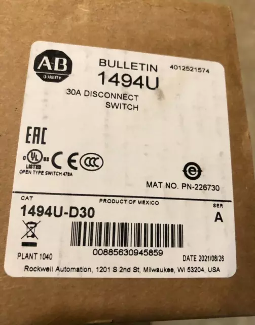 Allen Bradley 1494U-D30 SER A 30 Amp Disconnect Switch, BRAND NEW