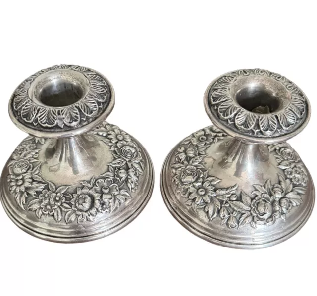 Pair Set of S KIRK & SON Sterling Silver REPOUSSE Candle Holder CANDLESTICKS