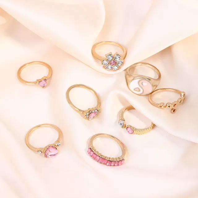 8 piezas de anillos de corazón rosa para mujer punk piedra de brillo estética Tai Chi JewelTM GF