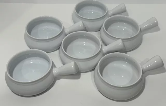 Pier 1 Imports White Stoneware Onion/Chili Soup Bowls With Handle EUC Set Of 6