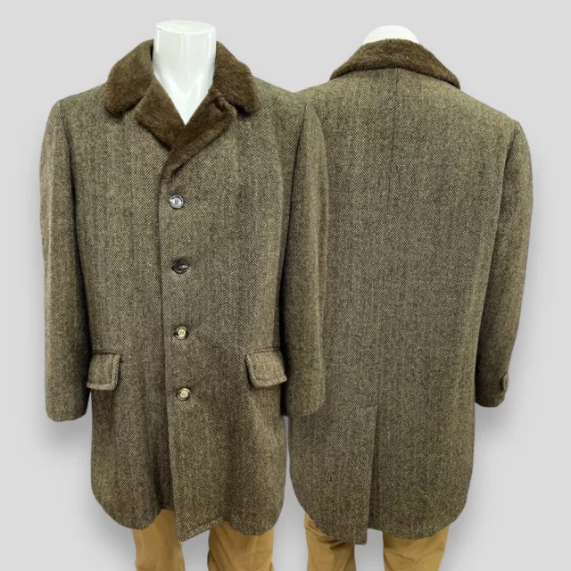 Zero King Boyds Mens Size 44 3/4 Length Fur Collar Green Herringbone 60s Coat