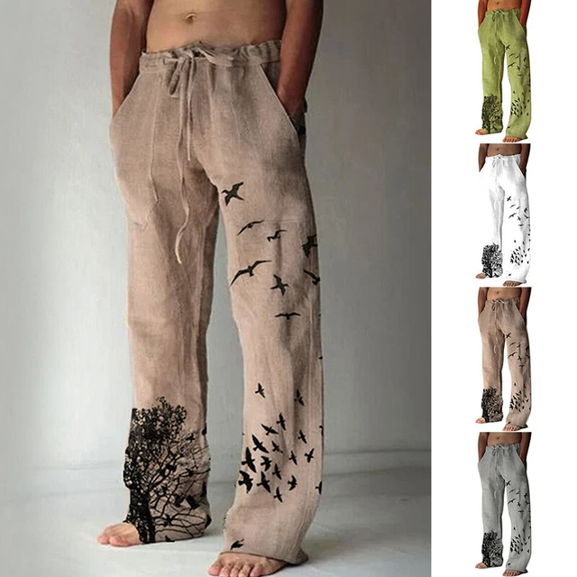 Mens Beach Loose Cotton Linen Pants Yoga Drawstring Elasticated Trousers Summer