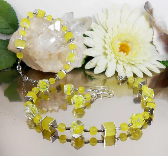2er Set Collier + Ohrringe Glas Würfel gelb marmoriert Glas Perlen und Würfel