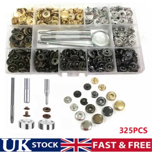 325Pcs Snap Fasteners Press Studs Kit +Poppers Leather Button Tools Heavy Duty