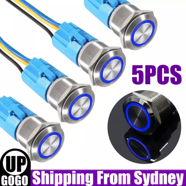 5PCS 16mm Waterproof Switch Metal Push Button Latching ON/OFF 12V IP67 BLUE RING