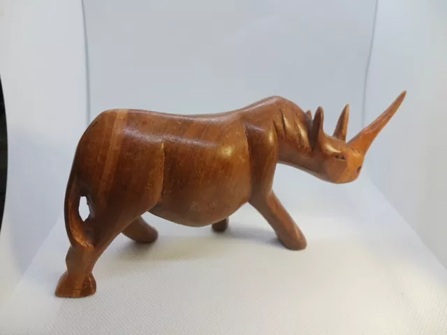 Vintage Hand Carved Brown Wooden Wood Rhino Rhinoceros Figurine Ornament 6.5"