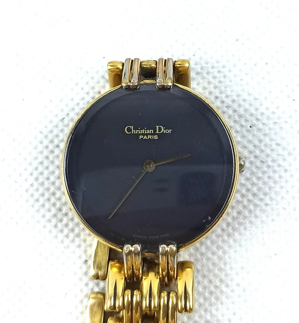 Golden Christian Dior Paris Watch Vintage Wristwatch Luxur Round Black Dial 17