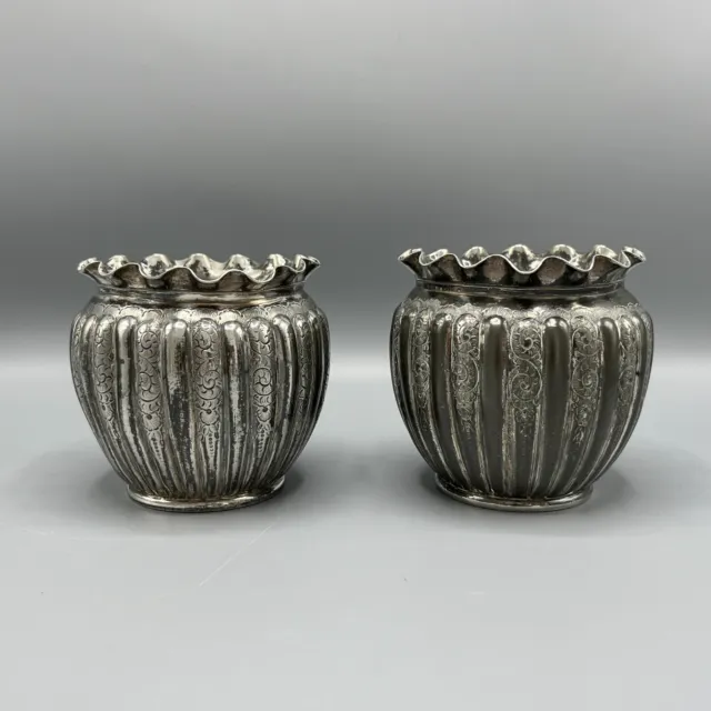 Pair Antique Silver Plate Planters Plant Pots Small English Edwardian Fluted Vtg