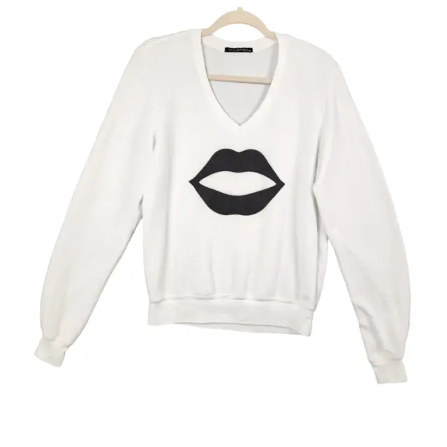 WILDFOX White w/ Black Lips V-Neck Fuzzy Long Sleeve Sweatshirt Sweater SIZE XS