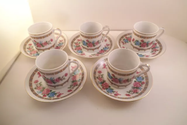 Vintage Made in China Set of 5 Demitasse Cups & Saucers Blue Pink Roses