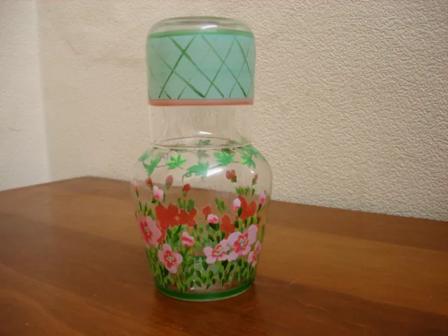 Bedside Table Water Carafe & Drinking Glass - Pink And Green - Floral
