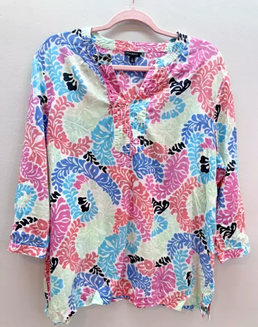 Talbots Womens Size XL Pink Blue Summer Floral Print Cotton Blouse Tunic, EUC