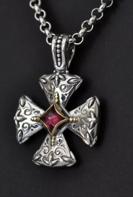 Konstantino Small Maltese Cross Necklace Pink Tourmaline Sterling 18K Gold New