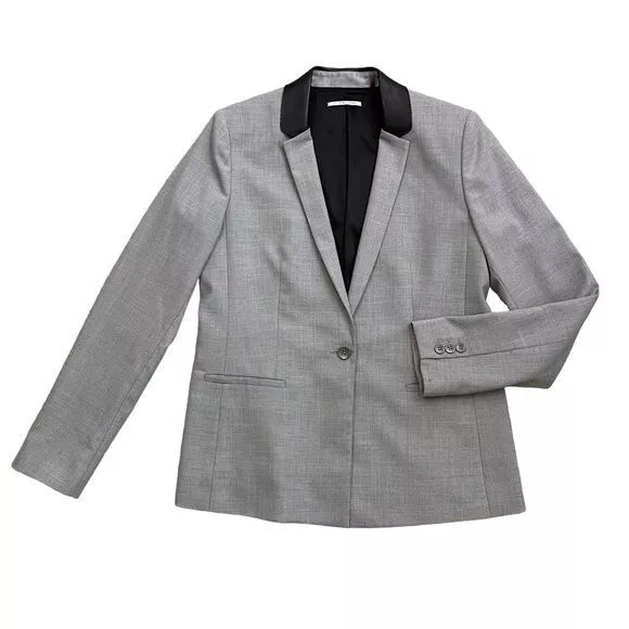 T Tahari Gray Blazer One Button Jacket Leather Trim Collar, Size 8 women’s