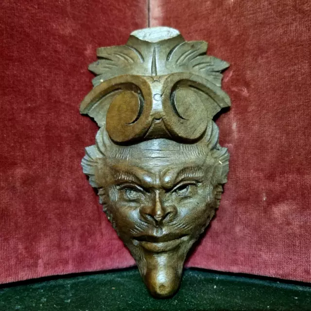 Devil green man wood carving pediment 5"7 Antique French architectural salvage