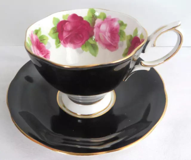 Vintage Royal Albert Bone China Black Gold Pink Rose Tea Cup & Saucer England