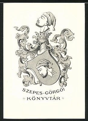Exlibris Szepes-Görgoi Könyvtar, escudo de armas con cabeza y casco de caballero separados