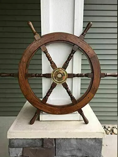 24" Brass Dark Brown Wooden Steering Ship Wheel Pirate Vintage Wall Boat Décor