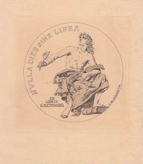 Exlibris Bookplate Etching Ernst De Liphart 1847-1932 Männerhalbakt Book Feather