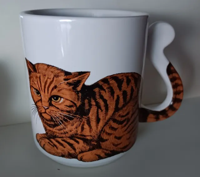Cat Lovers Orange Tabby Tiger Striped Ceramic Coffee Mug With Curled Tail Handle