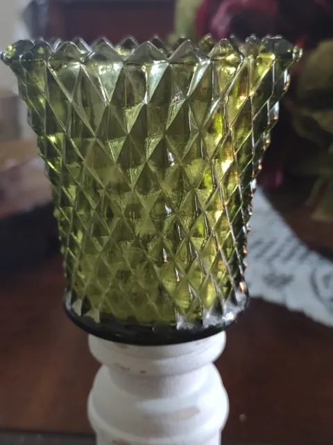 Vintage Green Diamond Point Hobnail Pegged Glass Votive Candle Holder 4 In