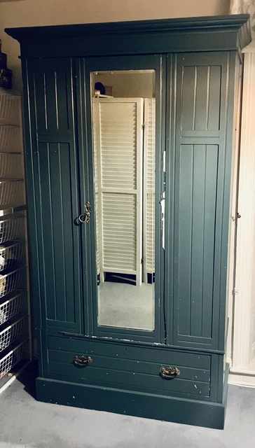 Vintage painted (F&B Inchyra Blue) wooden wardrobe with full-length mirror