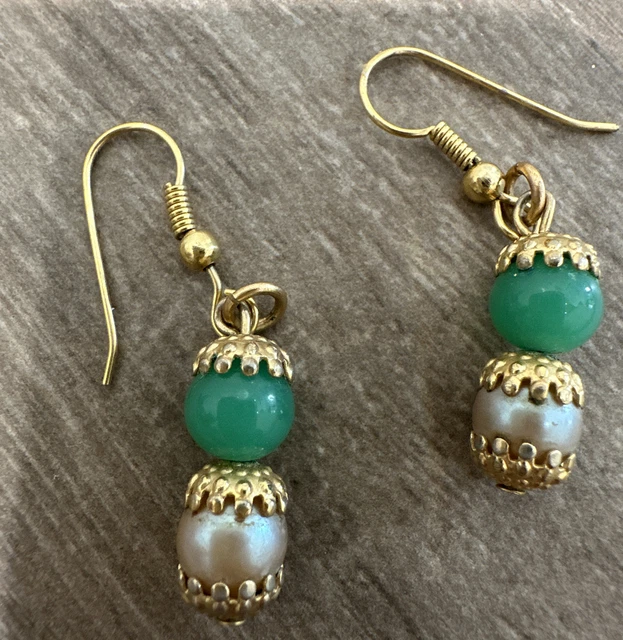 Vintage Pearl Jade Earrings Costume Antique Jewer