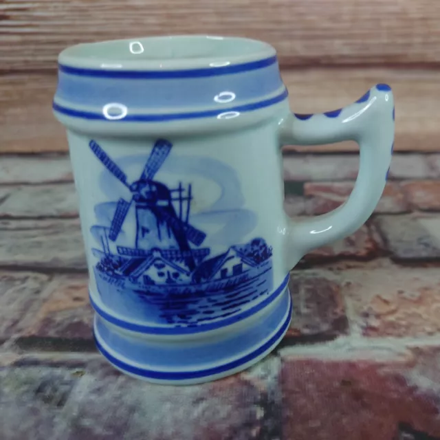 Vintage Miniature Mug Tankard Hand Painted Delft Blue Holland Flowers Windmill