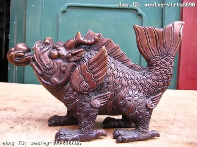 7 Chinese Peculiar Pure bronze Copper Carved beast Dragon Fish Play Bead Statue