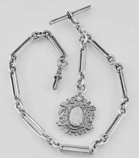 Victorian Sterling Silver Trombone Link Pocket Watch Chain & Fob Set - 55 Grams