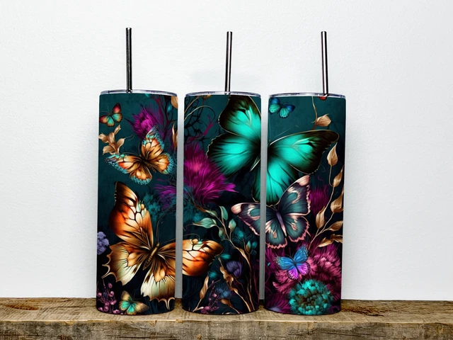 New 20oz Butterfly Double Insulated Stainless Steel Tumbler / Lid & Straw