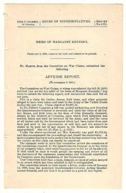 Cmte. War Claims: Heirs Margaret Kennedy Claim Supplies Provided, Civil War